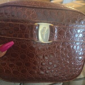 Salvatore Ferragamo Brown Croc-Embossed Leather Crossbody